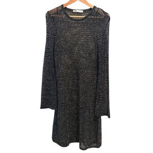 Zara Mesh Midi Dress Black Lurex M Sheer Overlay Rave Edgy Crochet Shimmer Goth